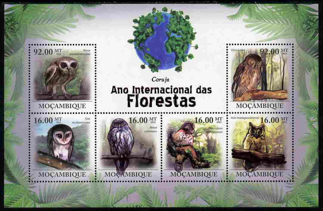 Mozambique 2011 International Year of the Forest - Owls perf sheetlet containing 6 values unmounted mint, stamps on birds, stamps on birds of prey, stamps on owls