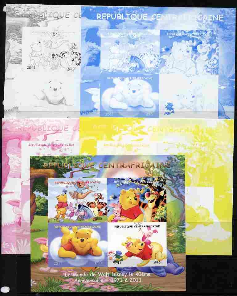 Central African Republic 2011 Winnie the Pooh sheetlet containing 4 values - the set of 5 imperf progressive proofs comprising the 4 individual colours plus all 4-colour composite, unmounted mint , stamps on , stamps on  stamps on disney, stamps on  stamps on films, stamps on  stamps on cinema, stamps on  stamps on movies, stamps on  stamps on bears, stamps on  stamps on fairy tales