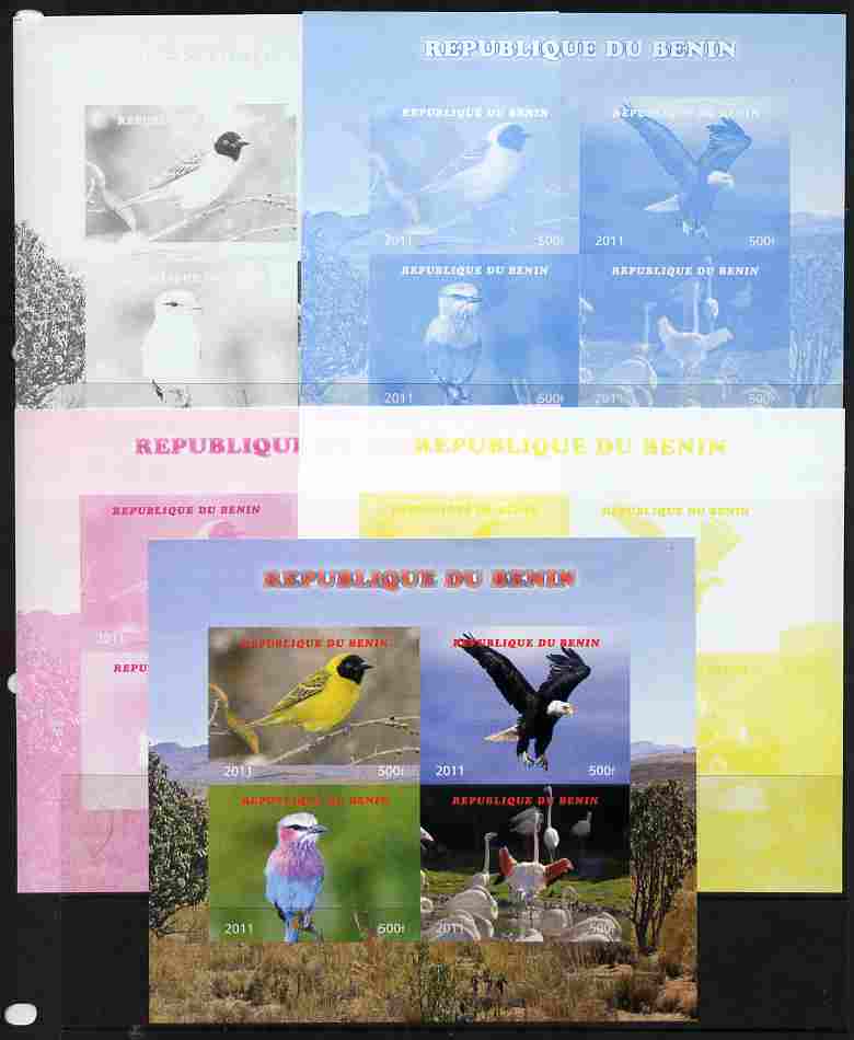 Benin 2011 Birds sheetlet containing 4 values- the set of 5 imperf progressive proofs comprising the 4 individual colours plus all 4-colour composite, unmounted mint 