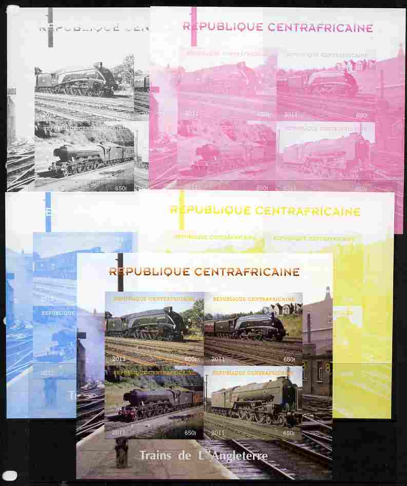 Central African Republic 2011 Railways - Trains of England sheetlet containing 4 values - the set of 5 imperf progressive proofs comprising the 4 individual colours plus all 4-colour composite, unmounted mint , stamps on , stamps on  stamps on railways, stamps on  stamps on 