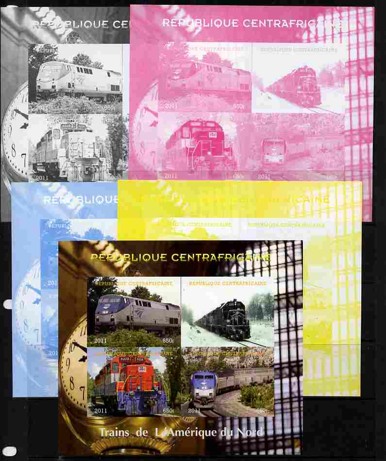 Central African Republic 2011 Railways - Trains of North America sheetlet containing 4 values - the set of 5 imperf progressive proofs comprising the 4 individual colours plus all 4-colour composite, unmounted mint , stamps on , stamps on  stamps on railways, stamps on  stamps on clocks