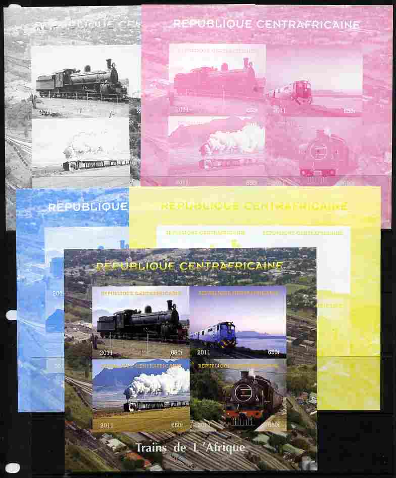 Central African Republic 2011 Railways - Trains of Africa sheetlet containing 4 values - the set of 5 imperf progressive proofs comprising the 4 individual colours plus a..., stamps on railways, stamps on 