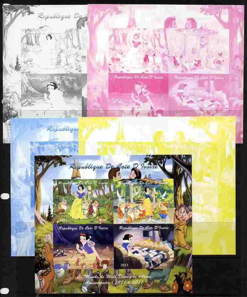 Ivory Coast 2011 The World of Walt Disney - Snow White sheetlet containing 4 values - the set of 5 imperf progressive proofs comprising the 4 individual colours plus all 4-colour composite, unmounted mint , stamps on disney, stamps on films, stamps on cinema, stamps on movies, stamps on cartoons, stamps on 