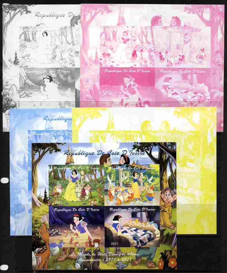 Ivory Coast 2011 The World of Walt Disney - Snow White sheetlet containing 4 values - the set of 5 imperf progressive proofs comprising the 4 individual colours plus all ..., stamps on disney, stamps on films, stamps on cinema, stamps on movies, stamps on cartoons, stamps on 