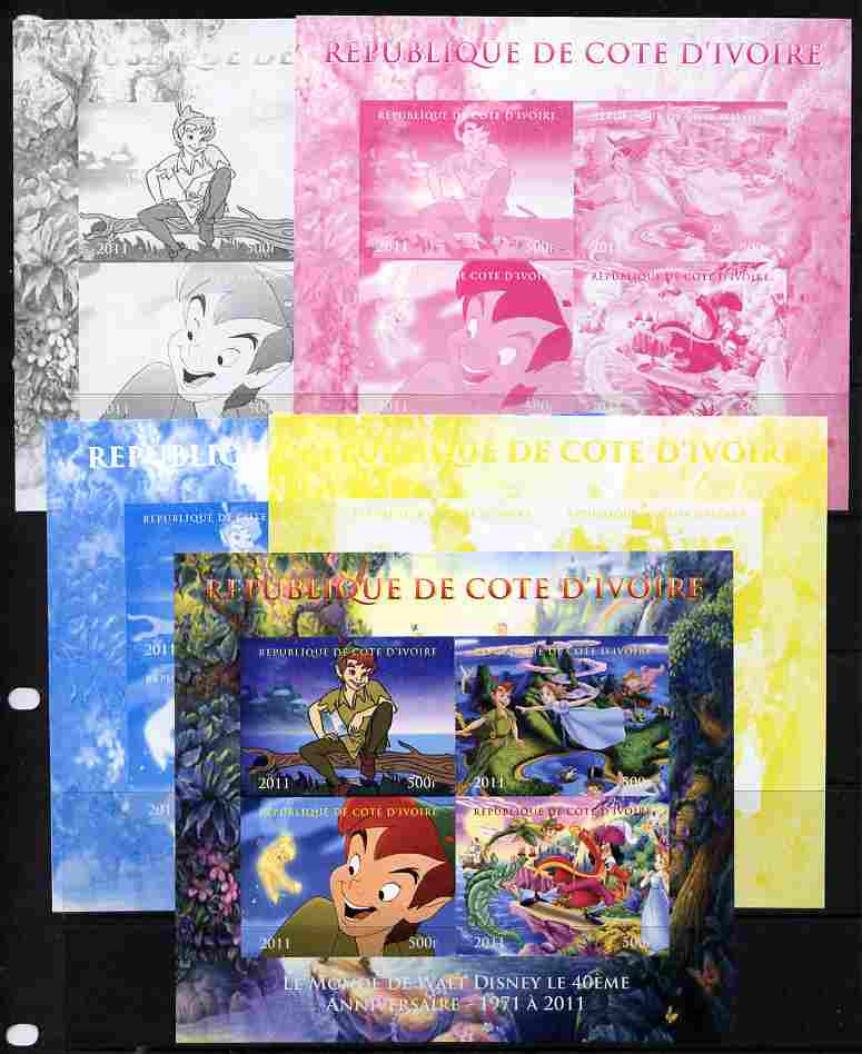 Ivory Coast 2011 The World of Walt Disney - Peter Pan sheetlet containing 4 values - the set of 5 imperf progressive proofs comprising the 4 individual colours plus all 4..., stamps on disney, stamps on films, stamps on cinema, stamps on movies, stamps on cartoons, stamps on 