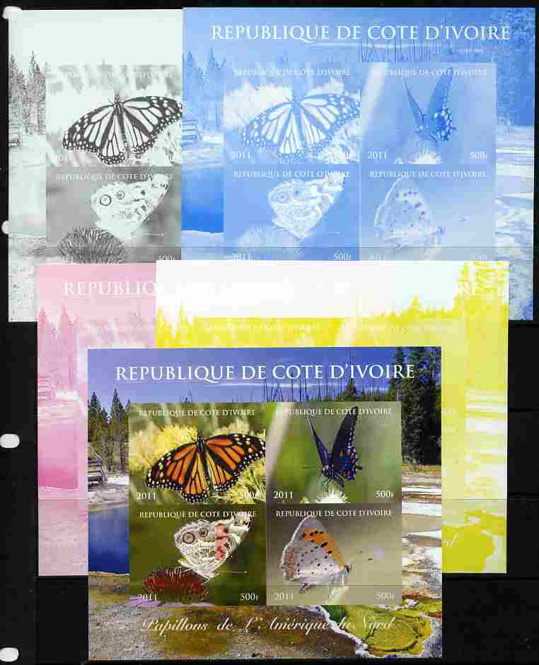 Ivory Coast 2011 Butterflies of North America sheetlet containing 4 values - the set of 5 imperf progressive proofs comprising the 4 individual colours plus all 4-colour ..., stamps on butterflies