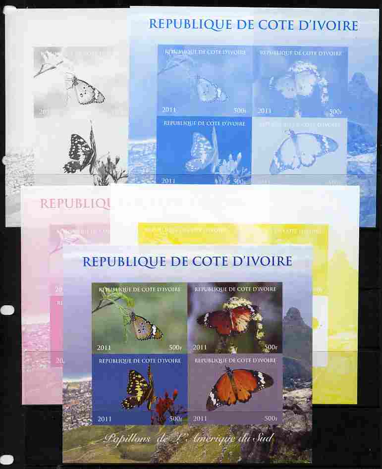 Ivory Coast 2011 Butterflies of South America sheetlet containing 4 values - the set of 5 imperf progressive proofs comprising the 4 individual colours plus all 4-colour composite, unmounted mint , stamps on butterflies