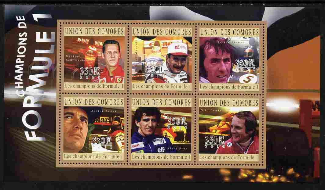 Comoro Islands 2010 Formula 1 Champions perf sheetlet containing 6 values unmounted mint, stamps on sport, stamps on cars, stamps on  f1 , stamps on formula 1, stamps on 