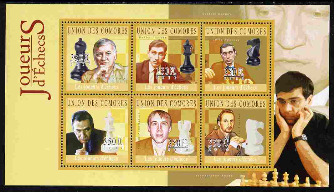 Comoro Islands 2010 Chess Players perf sheetlet containing 6 values unmounted mint, stamps on , stamps on  stamps on sport, stamps on  stamps on personalities, stamps on  stamps on chess