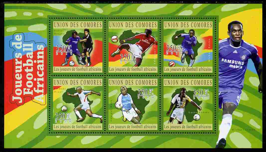 Comoro Islands 2010 African Football Players perf sheetlet containing 6 values unmounted mint, stamps on , stamps on  stamps on sport, stamps on  stamps on football