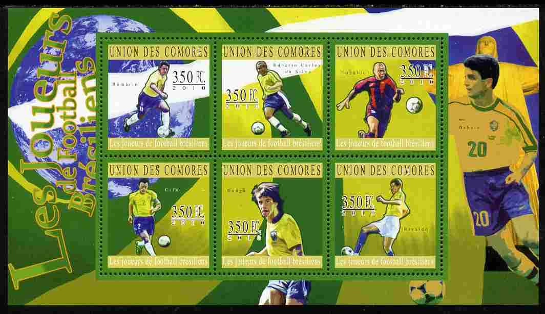 Comoro Islands 2010 Brazilian Football Players perf sheetlet containing 6 values unmounted mint, stamps on sport, stamps on football
