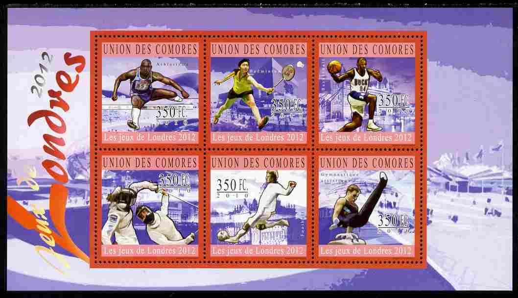 Comoro Islands 2010 London Olympic Games perf sheetlet containing 6 values unmounted mint, stamps on , stamps on  stamps on sport, stamps on  stamps on olympics, stamps on  stamps on london, stamps on  stamps on hurdles, stamps on  stamps on badminton, stamps on  stamps on fencing, stamps on  stamps on football, stamps on  stamps on  gym , stamps on  stamps on gymnastics, stamps on  stamps on basketball