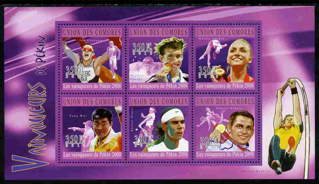 Comoro Islands 2010 Beijing Olympic Winners perf sheetlet containing 6 values unmounted mint, stamps on sport, stamps on olympics, stamps on running, stamps on athletics, stamps on swimming, stamps on  gym , stamps on gymnastics, stamps on shooting, stamps on tennis, stamps on wrestling, stamps on pole, stamps on 