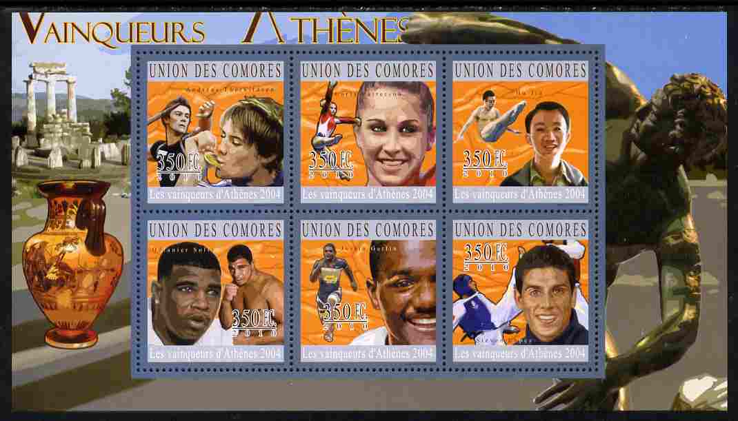 Comoro Islands 2010 Athens Olympic Winners perf sheetlet containing 6 values unmounted mint, stamps on , stamps on  stamps on sport, stamps on  stamps on olympics, stamps on  stamps on running, stamps on  stamps on athletics, stamps on  stamps on boxing, stamps on  stamps on  gym , stamps on  stamps on gymnastics, stamps on  stamps on javelin, stamps on  stamps on taekwondo, stamps on  stamps on martial arts