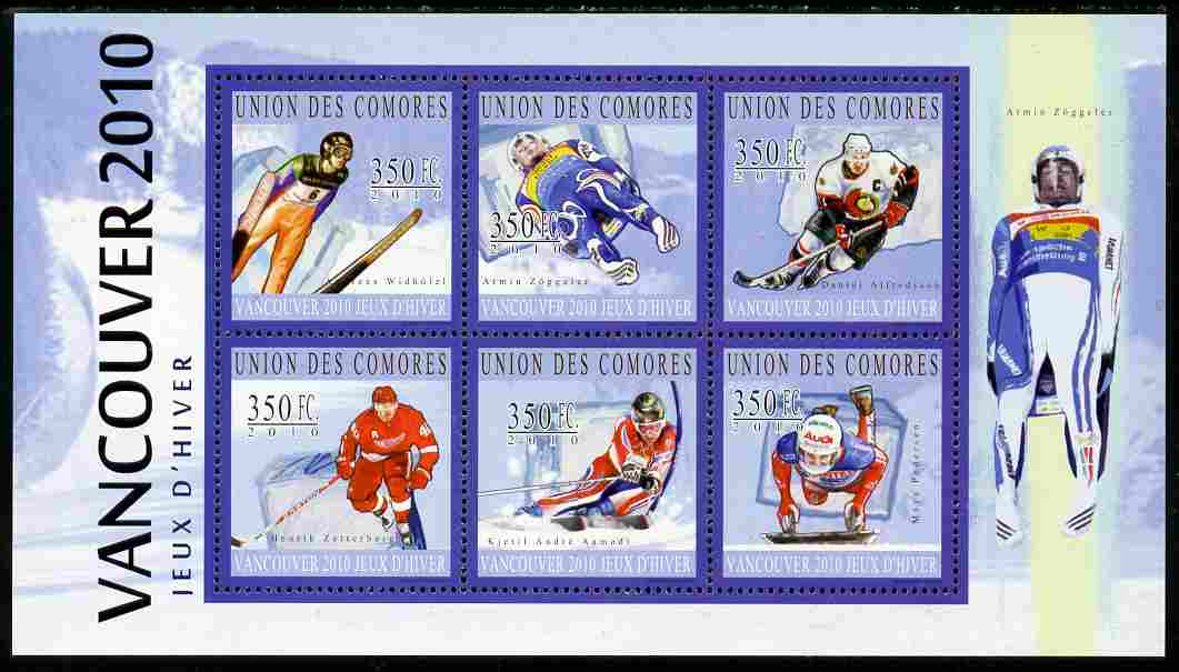 Comoro Islands 2010 Vancouver Winter Olympics perf sheetlet containing 6 values unmounted mint, stamps on , stamps on  stamps on sport, stamps on  stamps on olympics, stamps on  stamps on skiing, stamps on  stamps on ice hockey, stamps on  stamps on bob sled