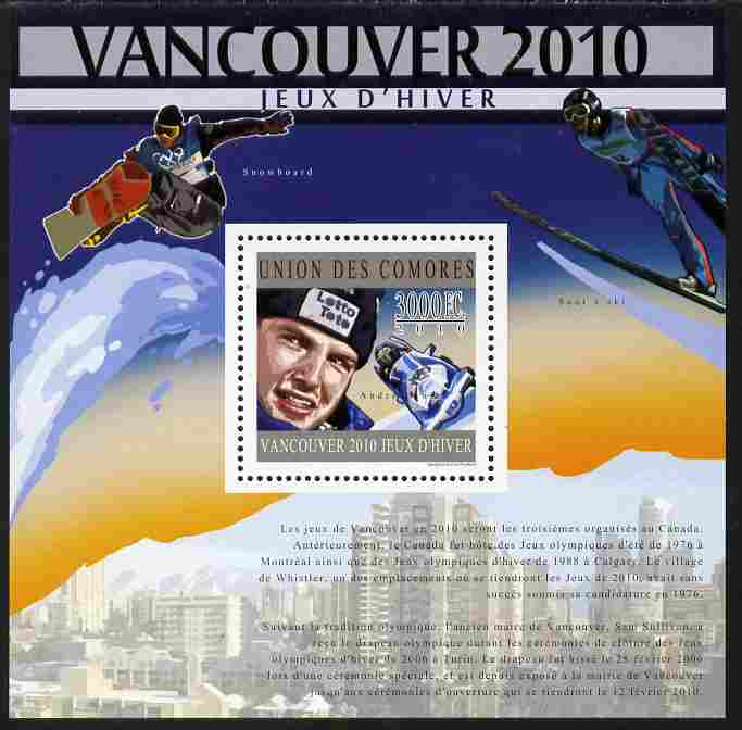 Comoro Islands 2010 Vancouver Winter Olympics perf s/sheet unmounted mint, stamps on , stamps on  stamps on sport, stamps on  stamps on olympics, stamps on  stamps on snow board, stamps on  stamps on bob sled
