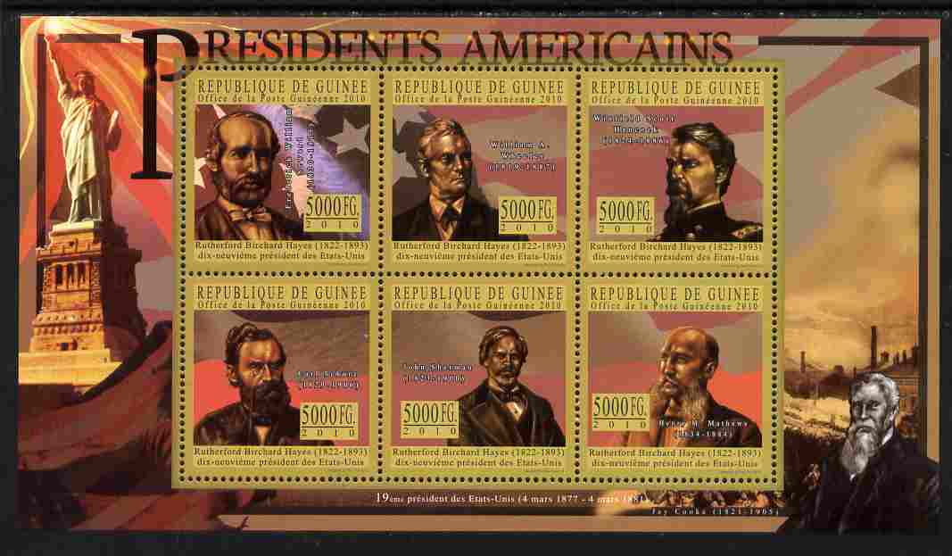 Guinea - Conakry 2010-11 Presidents of the USA #19 - Rutherford B Hayes perf sheetlet containing 6 values unmounted mint Michel 8024-29, stamps on , stamps on  stamps on americana, stamps on  stamps on usa presidents, stamps on  stamps on constitutions, stamps on  stamps on statue of liberty, stamps on  stamps on 