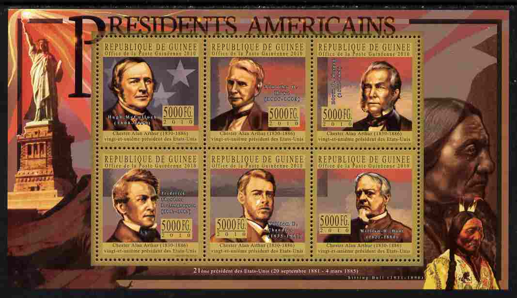 Guinea - Conakry 2010-11 Presidents of the USA #21 - Chester A Arthur perf sheetlet containing 6 values unmounted mint Michel 8036-41, stamps on , stamps on  stamps on americana, stamps on  stamps on usa presidents, stamps on  stamps on constitutions, stamps on  stamps on statue of liberty, stamps on  stamps on indians