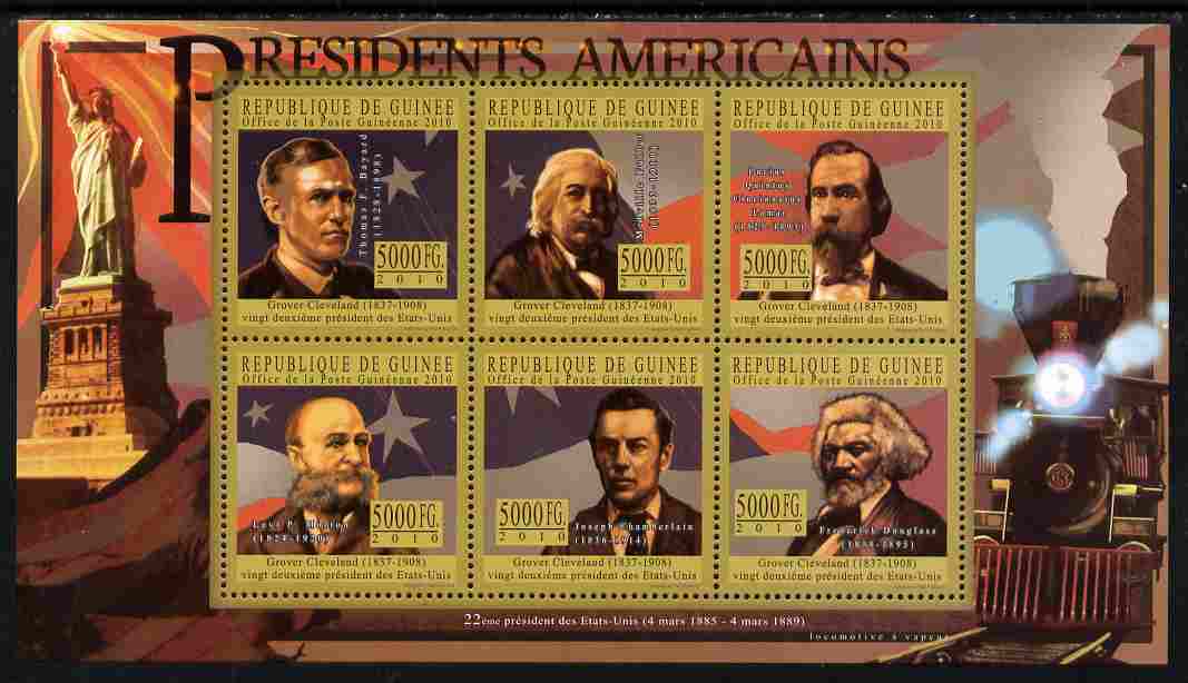 Guinea - Conakry 2010-11 Presidents of the USA #22 - Grover Cleveland perf sheetlet containing 6 values unmounted mint Michel 8042-47, stamps on americana, stamps on usa presidents, stamps on constitutions, stamps on statue of liberty, stamps on railways