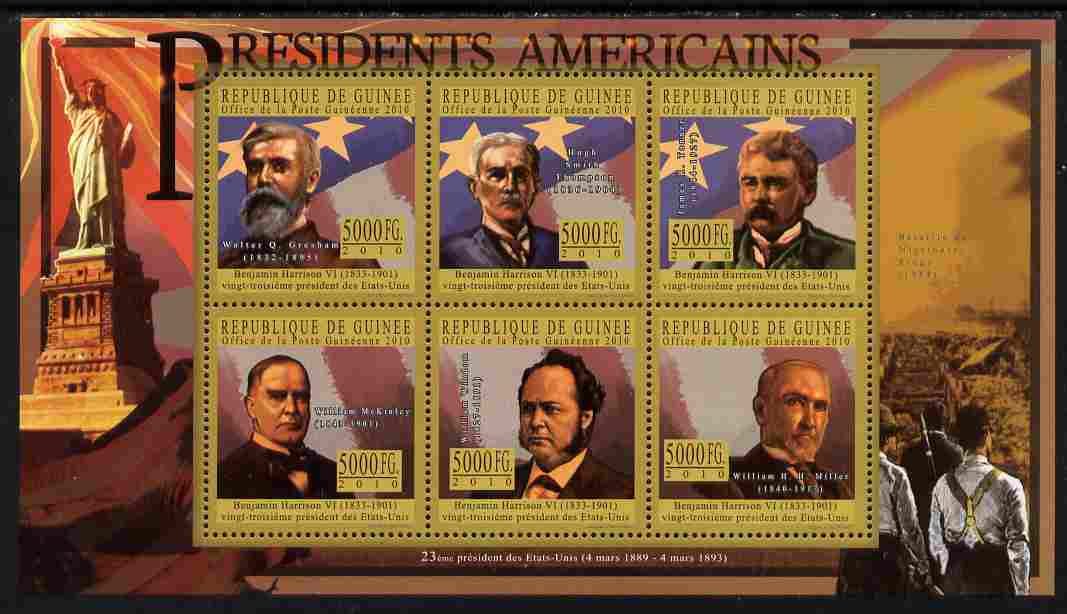 Guinea - Conakry 2010-11 Presidents of the USA #23 - Benjamin Harrison perf sheetlet containing 6 values unmounted mint Michel 8048-53, stamps on , stamps on  stamps on americana, stamps on  stamps on usa presidents, stamps on  stamps on constitutions, stamps on  stamps on statue of liberty, stamps on  stamps on militaria