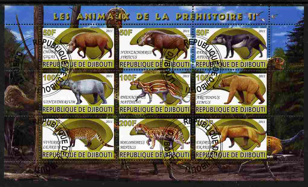 Djibouti 2011 Prehistoric Animals #2 perf sheetlet containing 9 values fine cto used, stamps on , stamps on  stamps on dinosaurs