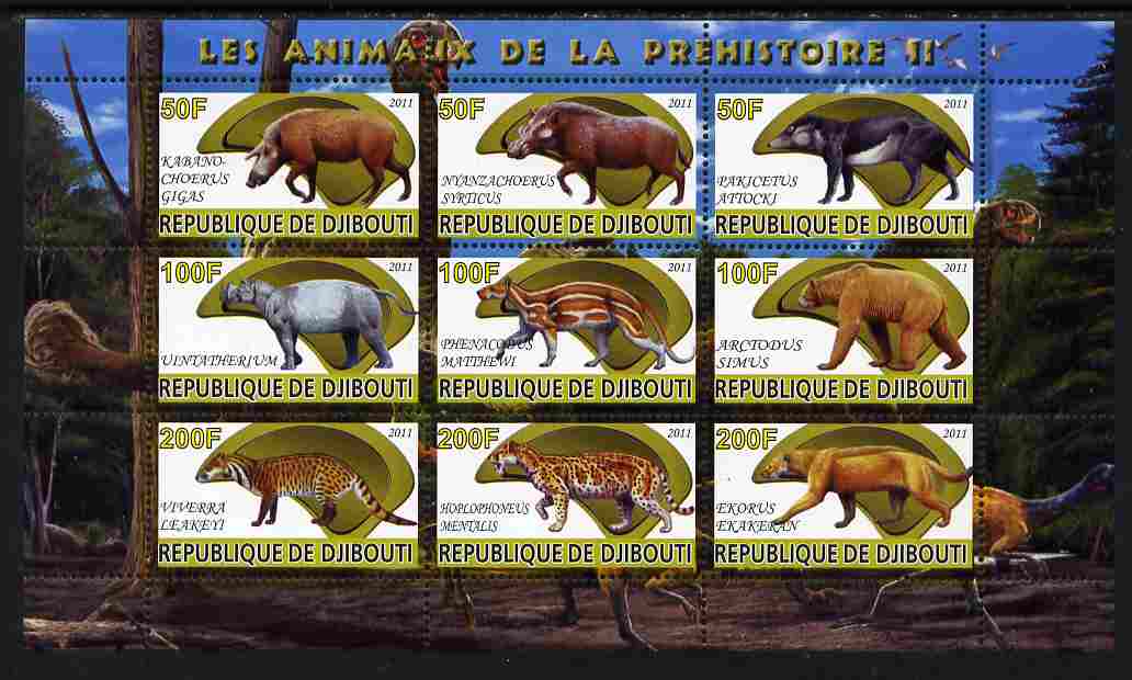 Djibouti 2011 Prehistoric Animals #2 perf sheetlet containing 9 values unmounted mint , stamps on dinosaurs