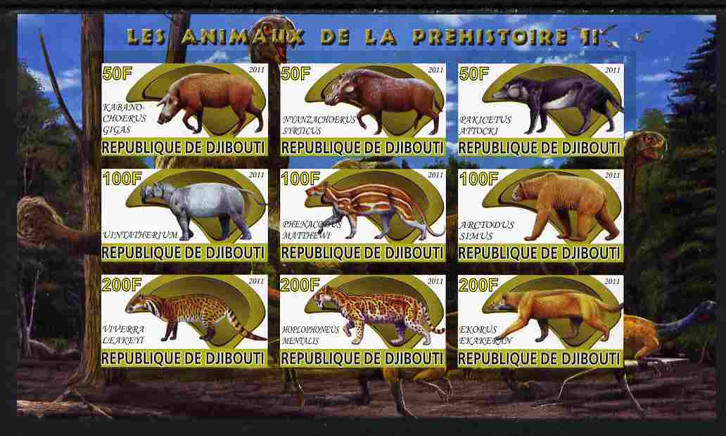 Djibouti 2011 Prehistoric Animals #2 imperf sheetlet containing 9 values unmounted mint , stamps on dinosaurs