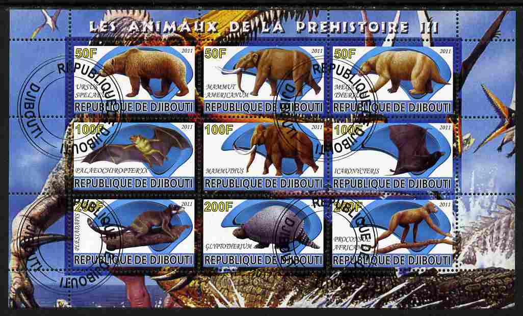 Djibouti 2011 Prehistoric Animals #3 perf sheetlet containing 9 values fine cto used, stamps on , stamps on  stamps on dinosaurs