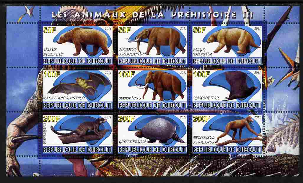 Djibouti 2011 Prehistoric Animals #3 perf sheetlet containing 9 values unmounted mint , stamps on dinosaurs