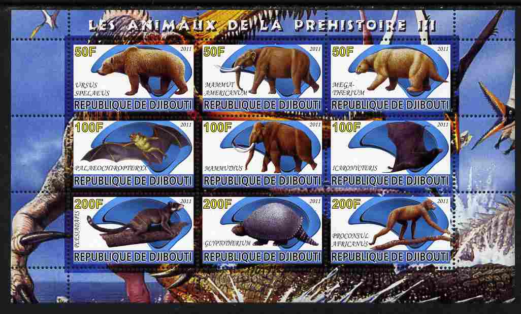 Djibouti 2011 Prehistoric Animals #3 perf sheetlet containing 9 values unmounted mint , stamps on , stamps on  stamps on dinosaurs