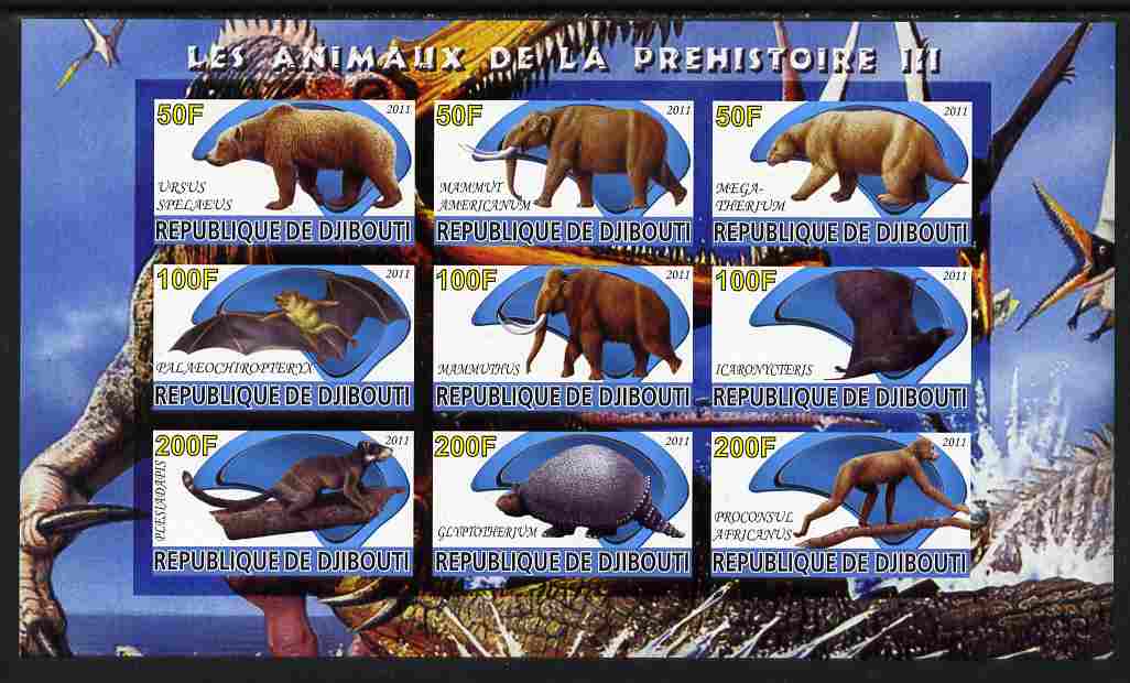 Djibouti 2011 Prehistoric Animals #3 imperf sheetlet containing 9 values unmounted mint , stamps on , stamps on  stamps on dinosaurs