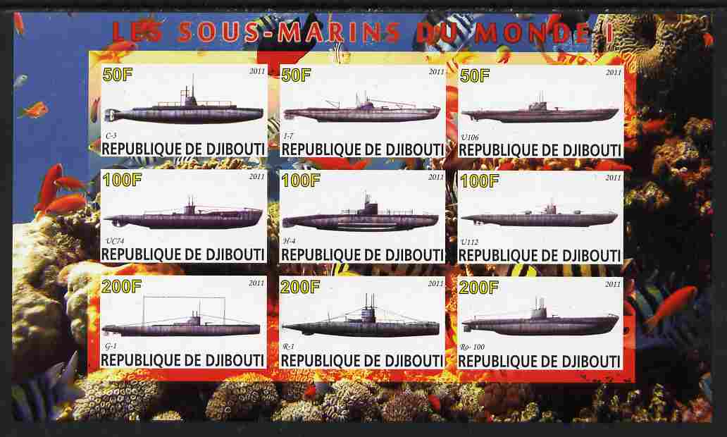 Djibouti 2011 Submarines #1 imperf sheetlet containing 9 values unmounted mint , stamps on ships, stamps on submarines