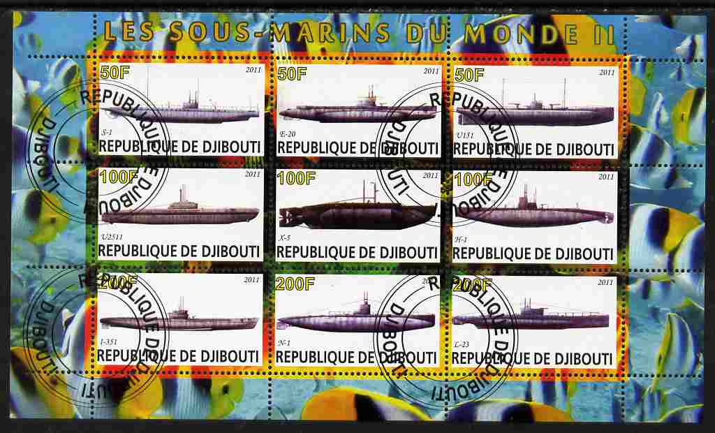 Djibouti 2011 Submarines #2 perf sheetlet containing 9 values fine cto used, stamps on ships, stamps on submarines