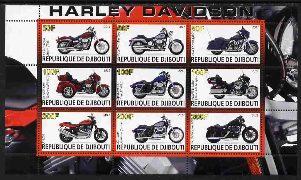 Djibouti 2011 Harley Davidson Motorcycles perf sheetlet containing 9 values unmounted mint , stamps on , stamps on  stamps on motorbikes