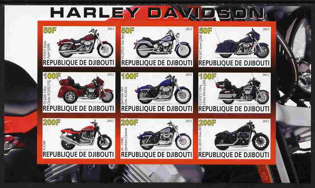 Djibouti 2011 Harley Davidson Motorcycles imperf sheetlet containing 9 values unmounted mint , stamps on , stamps on  stamps on motorbikes