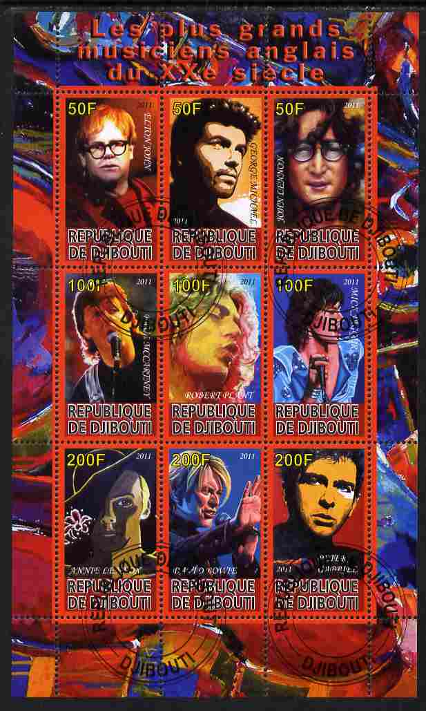 Djibouti 2011 UK Music Stars perf sheetlet containing 9 values fine cto used, stamps on personalities, stamps on music, stamps on beatles, stamps on rock, stamps on stones, stamps on 