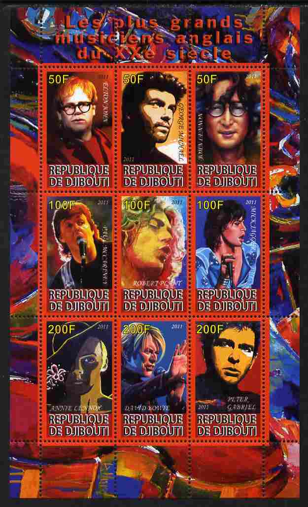 Djibouti 2011 UK Music Stars perf sheetlet containing 9 values unmounted mint , stamps on personalities, stamps on music, stamps on beatles, stamps on rock, stamps on stones, stamps on 