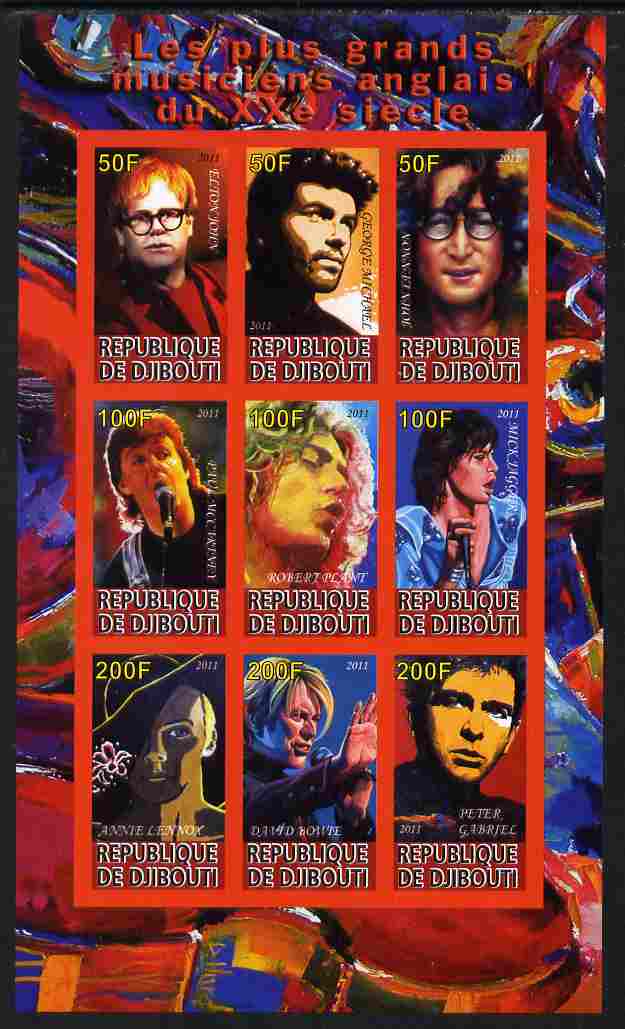 Djibouti 2011 UK Music Stars imperf sheetlet containing 9 values unmounted mint , stamps on personalities, stamps on music, stamps on beatles, stamps on rock, stamps on stones, stamps on 