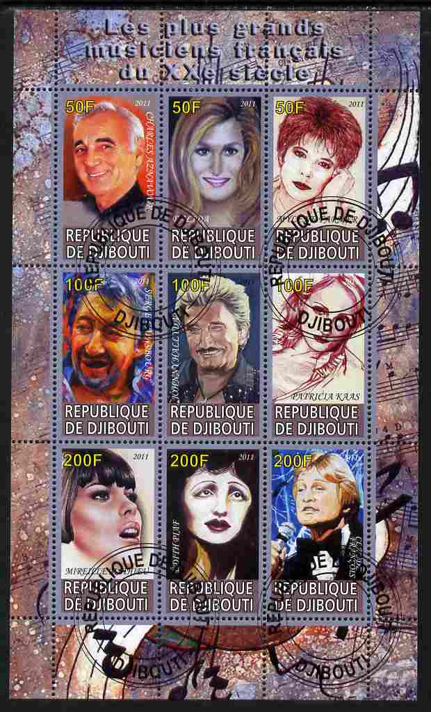 Djibouti 2011 French Music Stars perf sheetlet containing 9 values fine cto used, stamps on personalities, stamps on music, stamps on rock