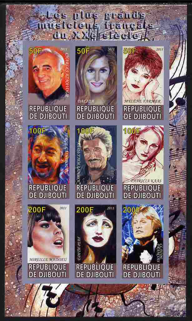 Djibouti 2011 French Music Stars imperf sheetlet containing 9 values unmounted mint , stamps on personalities, stamps on music, stamps on rock