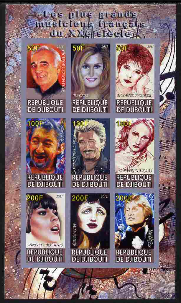 Djibouti 2011 French Music Stars imperf sheetlet containing 9 values unmounted mint , stamps on , stamps on  stamps on personalities, stamps on  stamps on music, stamps on  stamps on rock