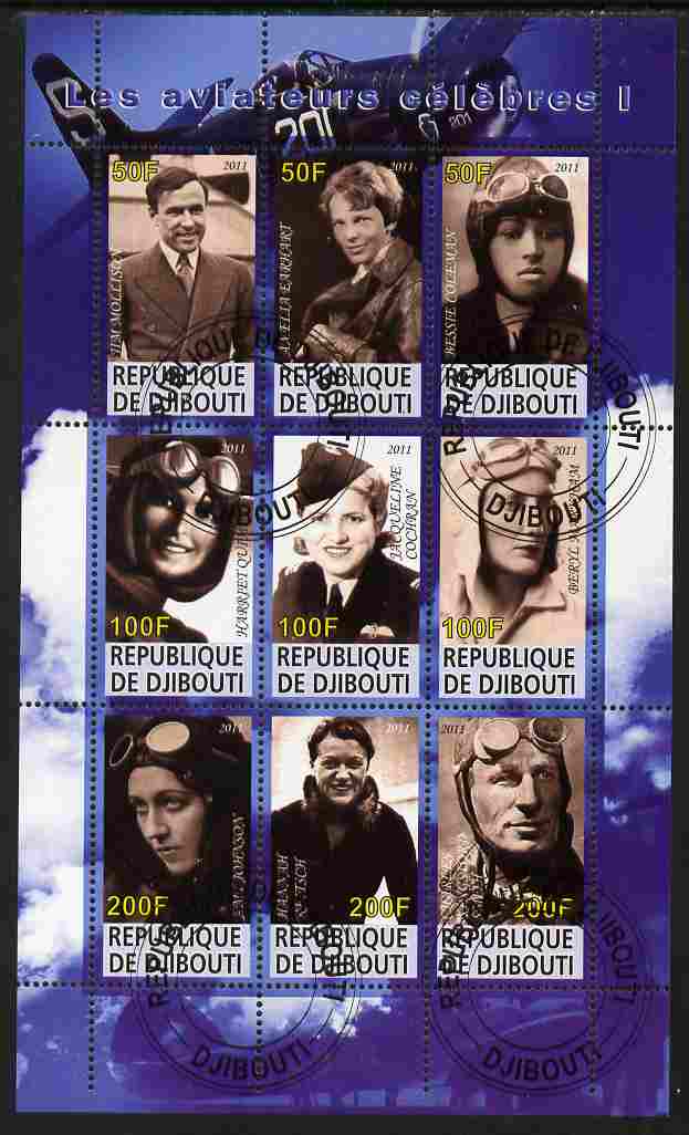 Djibouti 2011 Famous Aviators #1 perf sheetlet containing 9 values fine cto used, stamps on personalities, stamps on aviation