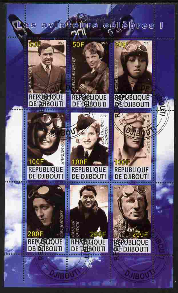 Djibouti 2011 Famous Aviators #1 perf sheetlet containing 9 values fine cto used, stamps on , stamps on  stamps on personalities, stamps on  stamps on aviation