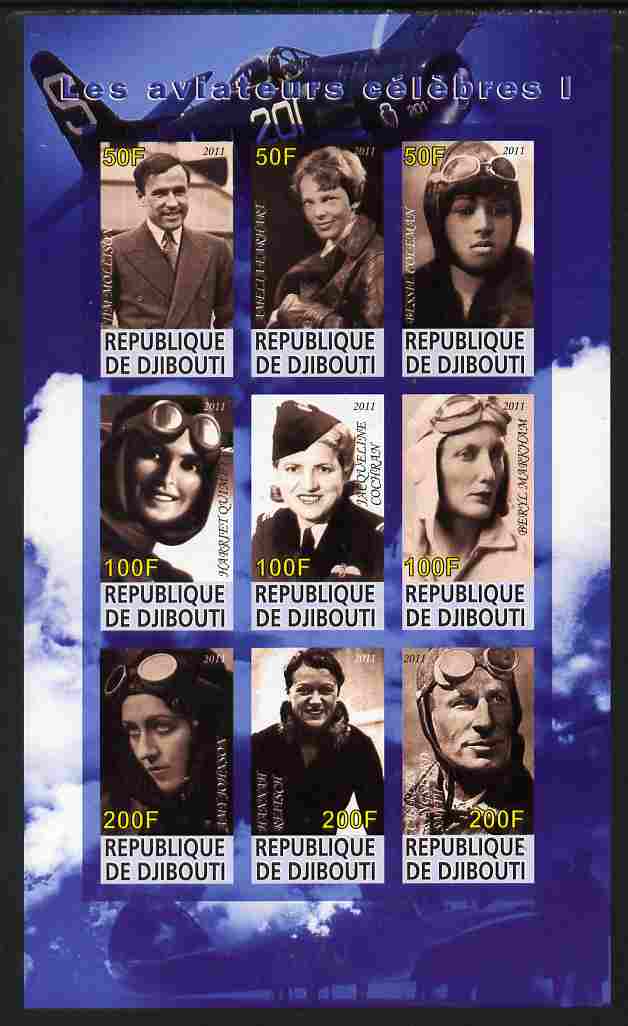 Djibouti 2011 Famous Aviators #1 imperf sheetlet containing 9 values unmounted mint , stamps on , stamps on  stamps on personalities, stamps on  stamps on aviation