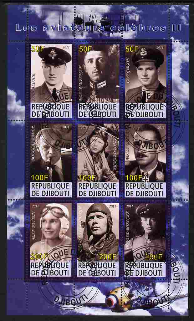 Djibouti 2011 Famous Aviators #2 perf sheetlet containing 9 values fine cto used, stamps on personalities, stamps on aviation