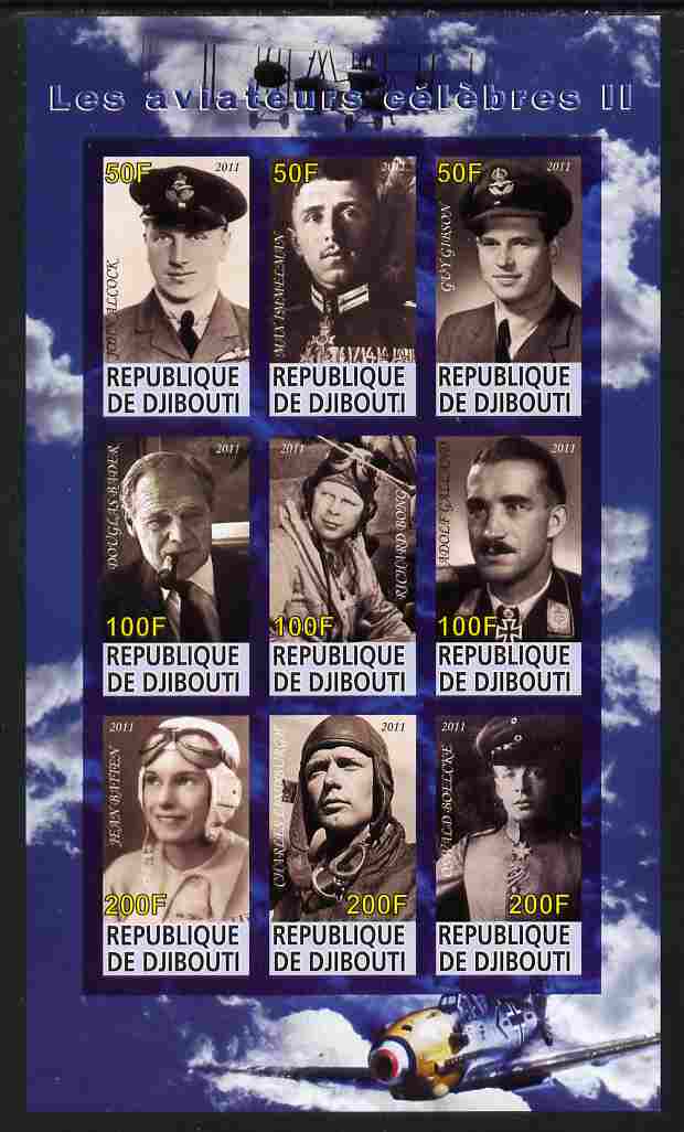 Djibouti 2011 Famous Aviators #2 imperf sheetlet containing 9 values unmounted mint , stamps on personalities, stamps on aviation