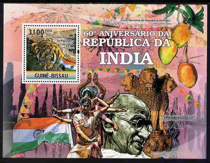 Guinea - Bissau 2011 60th Anniversary of India perf s/sheet unmounted mint Michel BL897, stamps on , stamps on  stamps on tigers, stamps on  stamps on gandhi, stamps on  stamps on flags