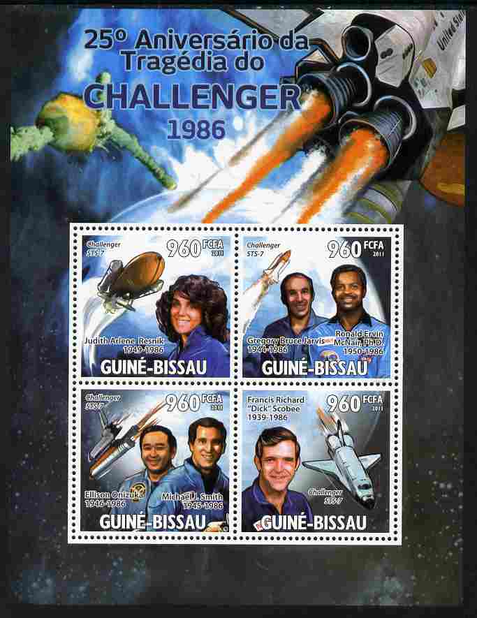 Guinea - Bissau 2011 25th Anniversary of Challenger Disaster perf sheetlet containing 4 values unmounted mint Michel 5308-11, stamps on , stamps on  stamps on space, stamps on  stamps on shuttle, stamps on  stamps on disasters, stamps on  stamps on rockets