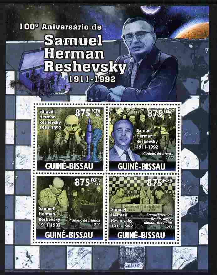 Guinea - Bissau 2011 100th Birth Anniversary of Samuel Reshevsky (chess) perf sheetlet containing 4 values unmounted mint Michel 5288-91, stamps on , stamps on  stamps on personalities, stamps on  stamps on chess