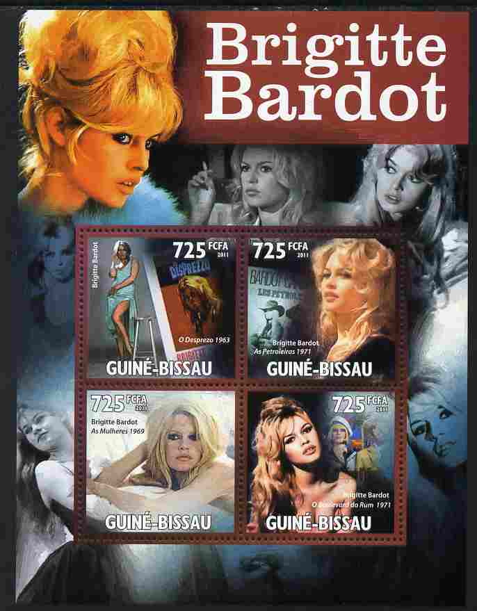 Guinea - Bissau 2011 Brigitte Bardot perf sheetlet containing 4 values unmounted mint Michel 5273-76, stamps on , stamps on  stamps on personalities, stamps on  stamps on actress, stamps on  stamps on films, stamps on  stamps on cinema, stamps on  stamps on movies, stamps on  stamps on women